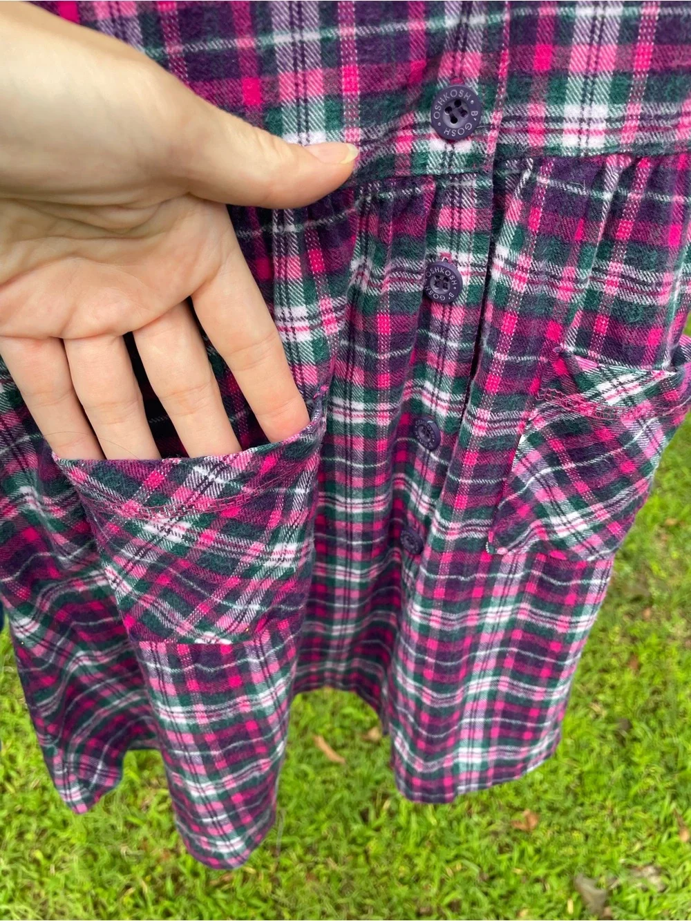 OshKosh B'gosh (VTG Early 2000’s) Pink Green Plaid 100% Cotton Button Dress